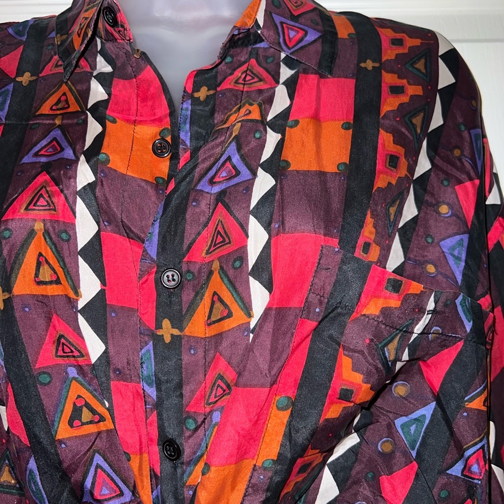 Vintage All Silk Button Down Blouse Funky Fun Patterned Long Sleeve Top - Picture 3 of 5